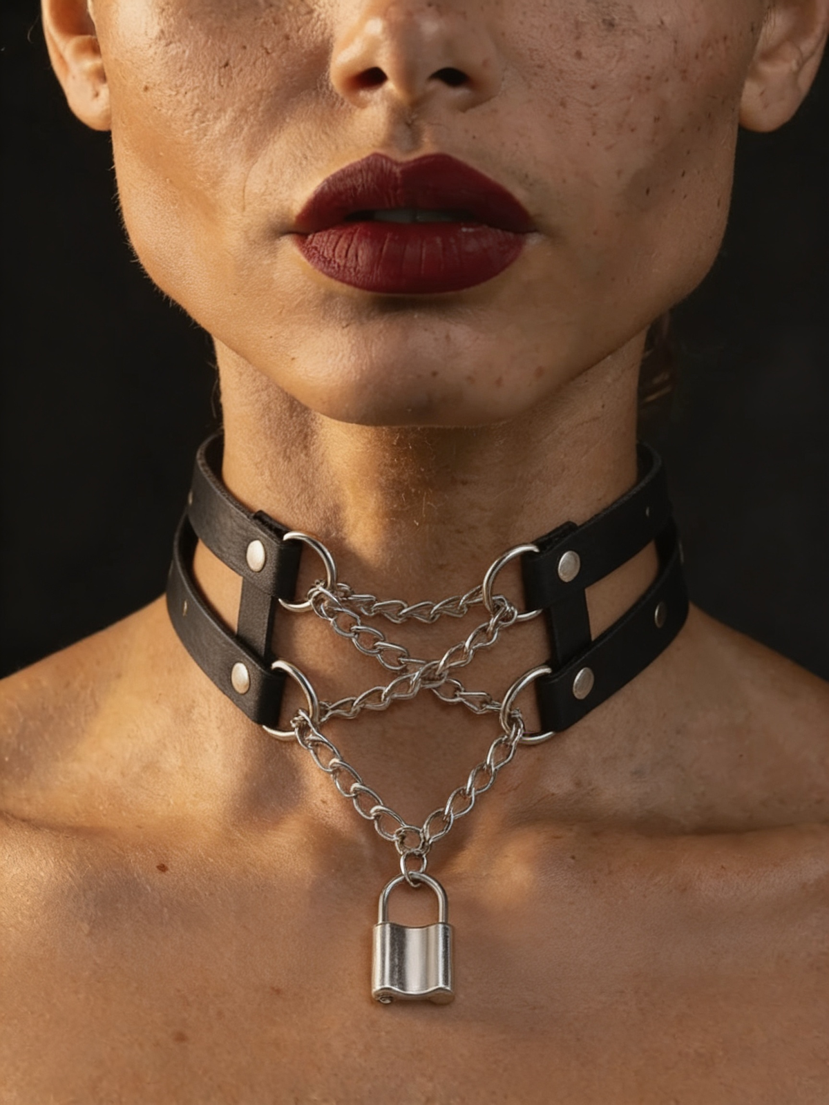 The Crossed black leather double-band choker with silver chains and padlock pendant Chokerz